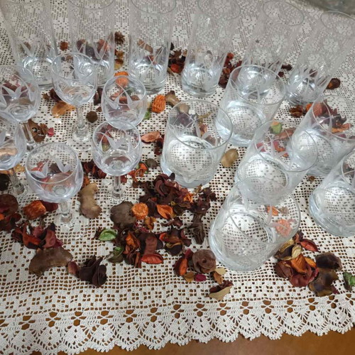 Glasses set like new with water, wine, and liqueur designs, 6 each