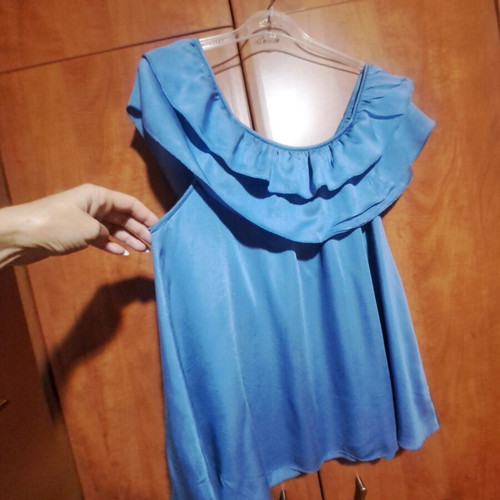 Satin off-shoulder blouse with ruffles like new, blue, size S/M