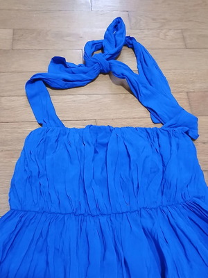 Milla maxi dress with ruffles and halter tie in bright blue, like new, size small