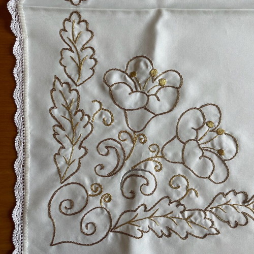 Handmade tablecloth with crochet lace used