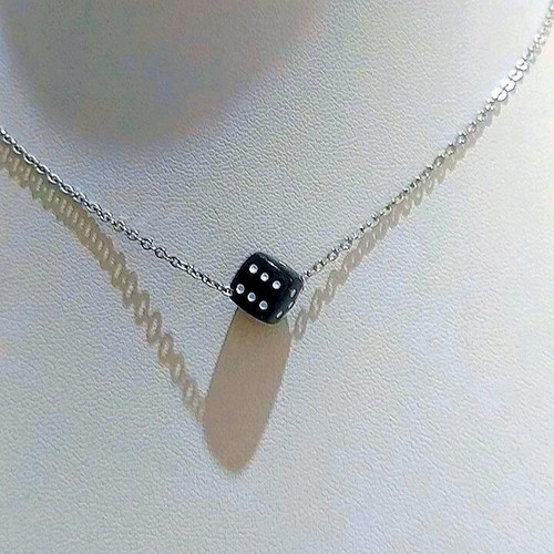 Stainless steel handmade necklace with black dice cube and silver chain