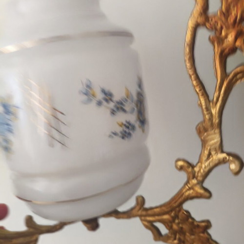 Vintage hanging ceiling lights, set of 2, brass and opaline