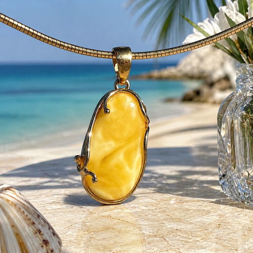 Natural white amber pendant, 24k gold plated silver 926, handmade