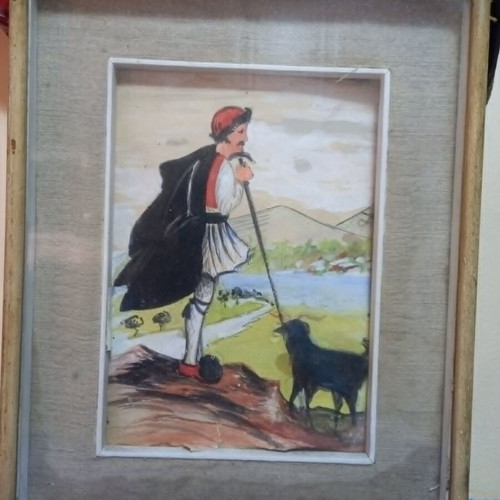 Vintage painting of Greek shepherd with dog framed, used