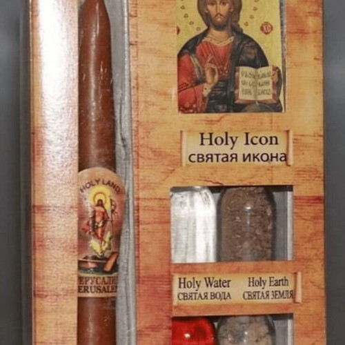 Holy Land Religious Gift Set with Olive Oil, Holy Water, and Candle