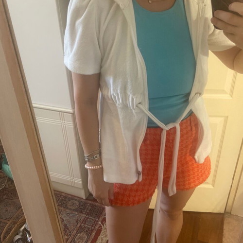 Zic Zac white terry cardigan like new, short-sleeve with zipper and belt
