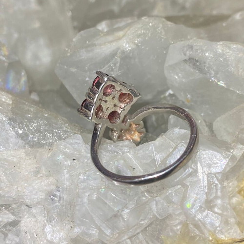Silver ring with natural red garnet and moissanites, new