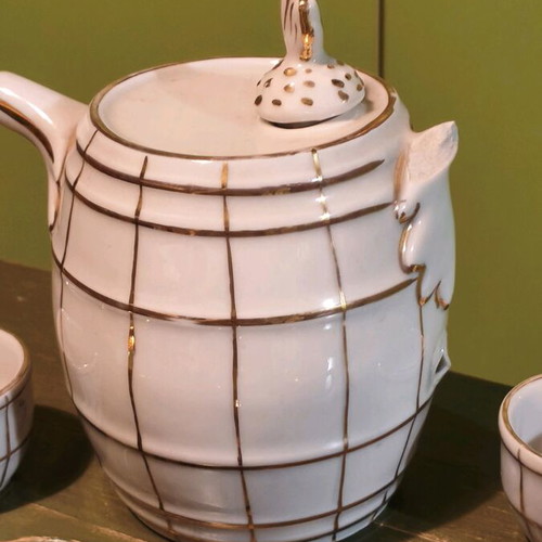Rafit liqueur raki set used, porcelain with checkered pattern