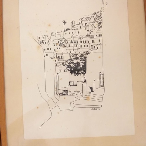 Triptych of black and white architectural prints used, Aegean settlement 1973