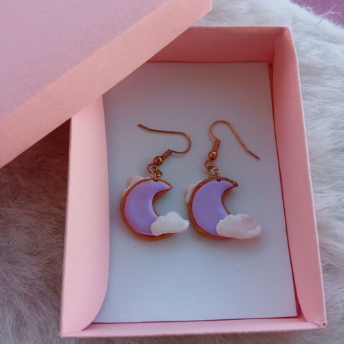 Handmade purple moon earrings with clouds