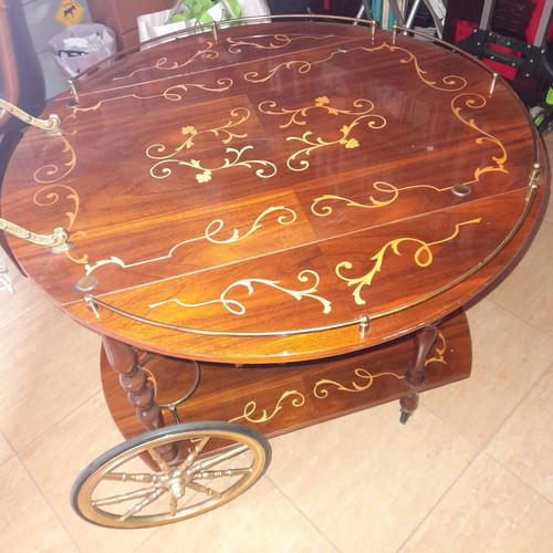 Rolling bar cart like new, wooden with designs and lacquer finish