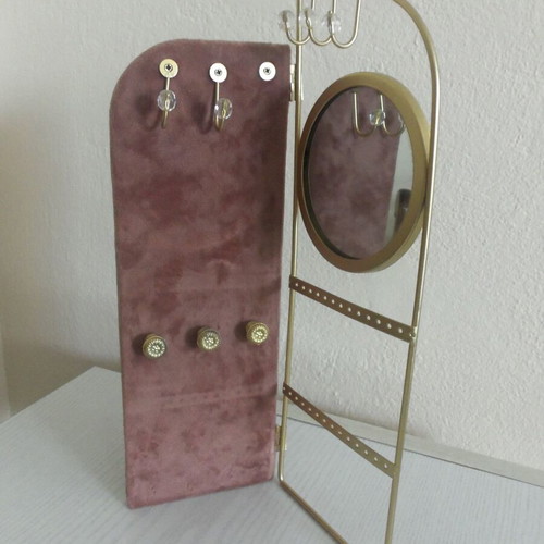 Jewelry Stand with Metal Frame and Round Mirror used, gold color