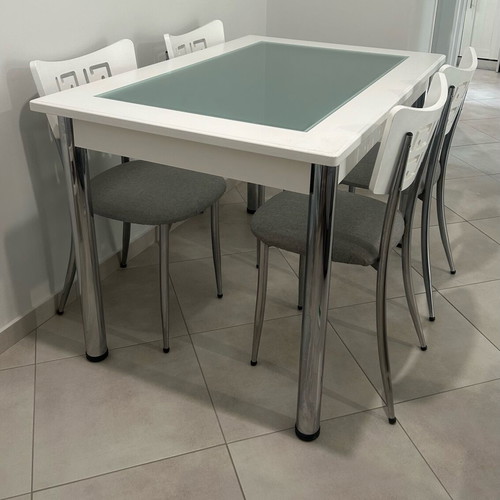 Dining table with 4 chairs used, white eco paint, glass top
