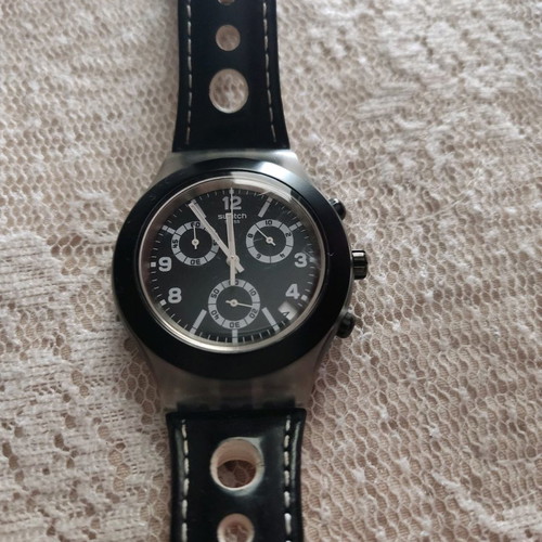 Swatch Irony Black Cup watch used with black leather strap