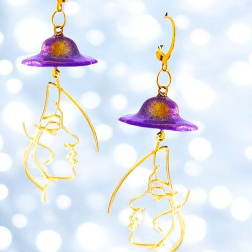 Handmade long dangle earrings with purple hat and gold details
