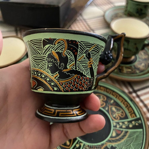 Ancient Greek coffee cups set like new, six pieces with saucers