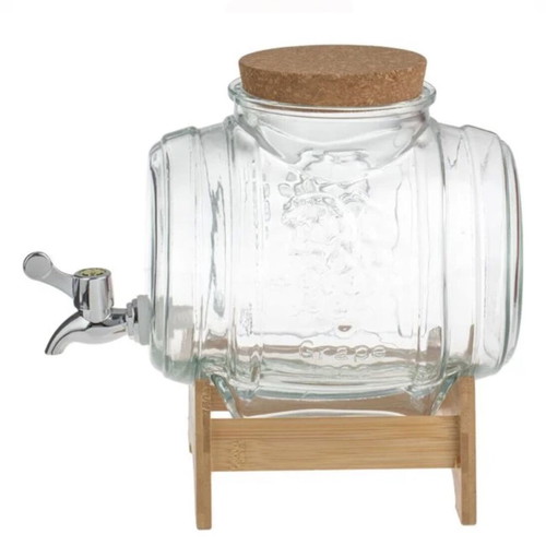 Glass barrel container with tap and wooden stand 3L