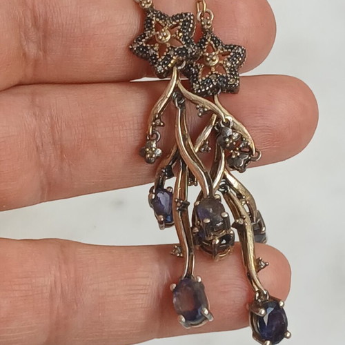 925 Silver and 9k Gold Earrings with Tanzanite and Old-Cut Diamonds, 7 cm