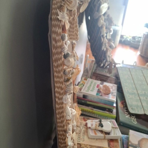 Mirror with seashells handmade, solid wood and linen fabric