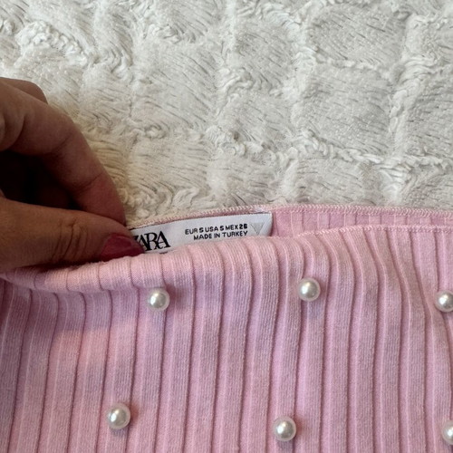 Zara Pink Ribbed Top with Pearl Details Size S Like New