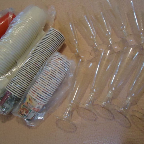 Pack of plastic and paper cups for coffee, water, champagne