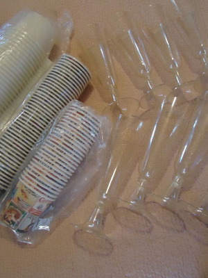 Pack of plastic and paper cups for coffee, water, champagne