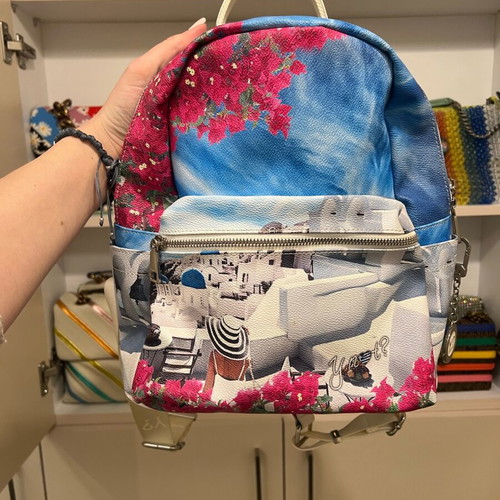 Y Not backpack used with Greek islands theme, multicolor