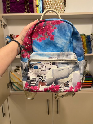Y Not backpack used with Greek islands theme, multicolor