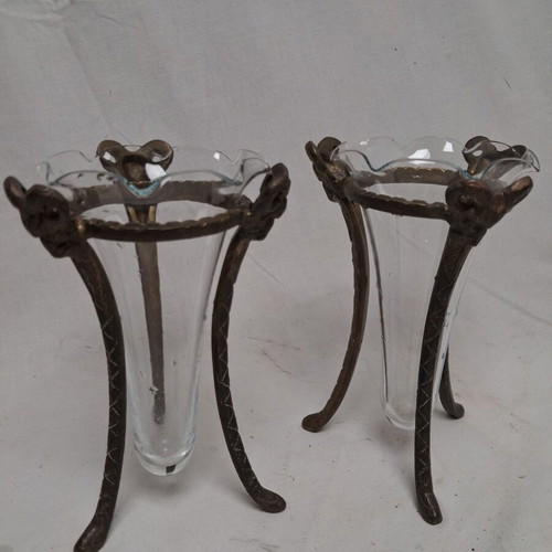 Art Nouveau vases with bronze bases and original blown glass inserts, like new
