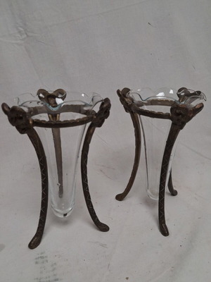 Art Nouveau vases with bronze bases and original blown glass inserts, like new
