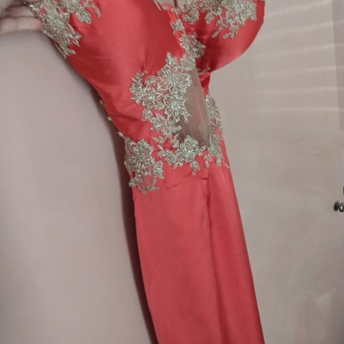 Saten prom dress used, coral with gold lace embroidery and cut-out