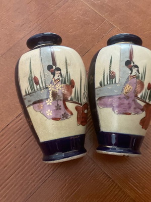 Βάζα Satsuma μινιατούρα αντικα 1900-1920 cobalt blue, σετ 2
