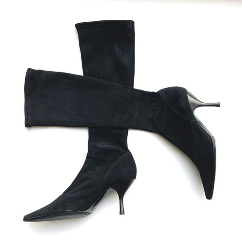 Sergio Rossi black stretch suede boots used, size 38.5