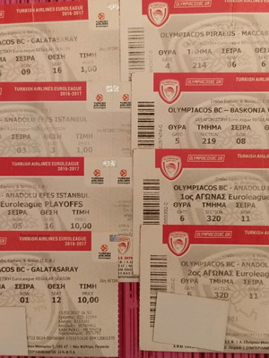 Συλλογή εισιτηρίων Ολυμπιακός Μπάσκετ Euroleague 2016-17 μεταχειρισμένη, 8 τεμάχια