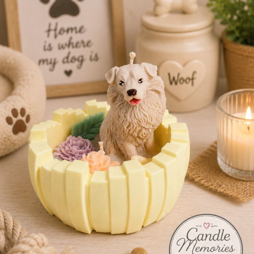 Handmade scented dog candle with reusable porcelain powder container