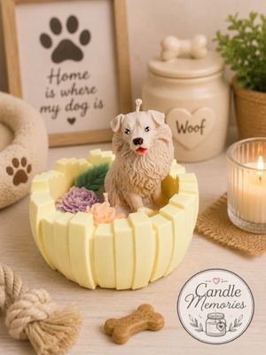 Handmade scented dog candle with reusable porcelain powder container