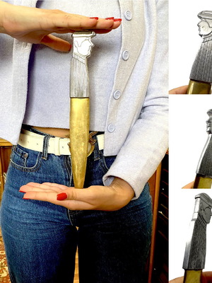 Paper cutter with Gaitis figure used, aluminum and brass