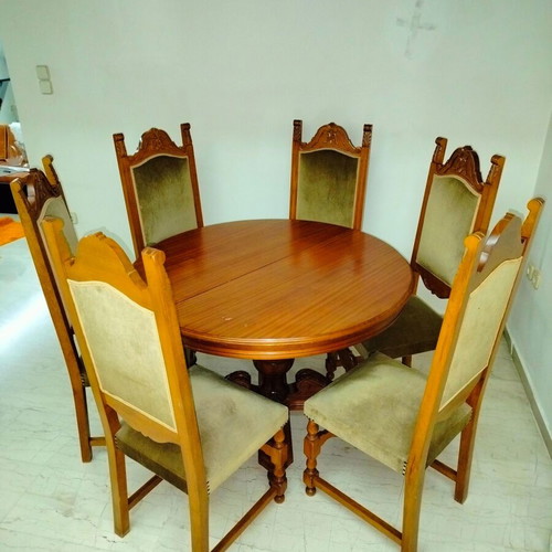 Round wooden dining set with 6 chairs classic style