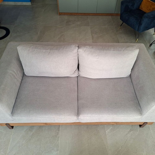 Two-Seater Sofa used, gray fabric with metal legs and wooden base
