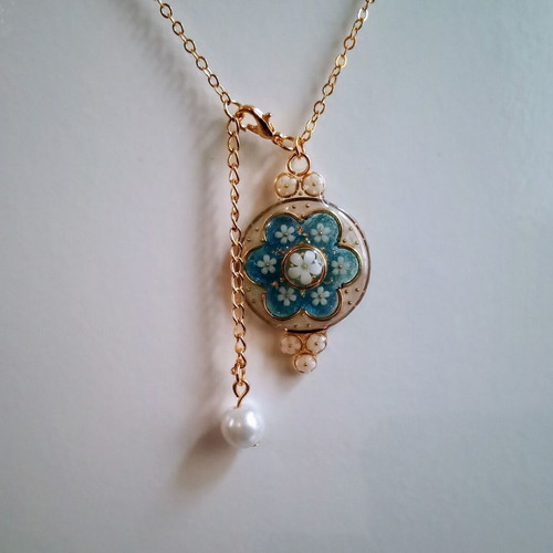 Handmade spring necklace new with blue, white and gold colors