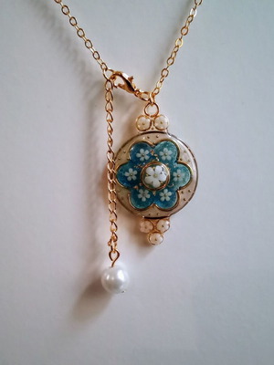 Handmade spring necklace new with blue, white and gold colors
