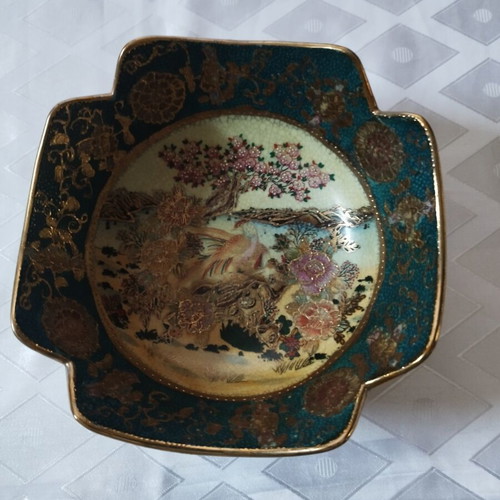 Vintage Satsuma square fondue pot 18cm with peacock and gold