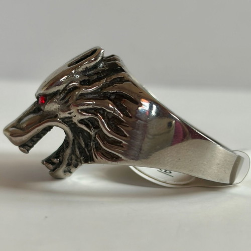 Wolf Head Ring with Red Zircon Eyes New, 316L Stainless Steel, US Size 14