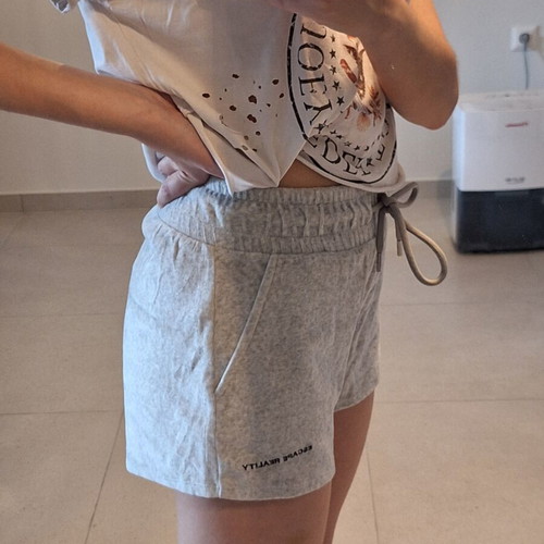 Bershka Light Grey Terry Plush Sweat Shorts Escape Reality, Size M