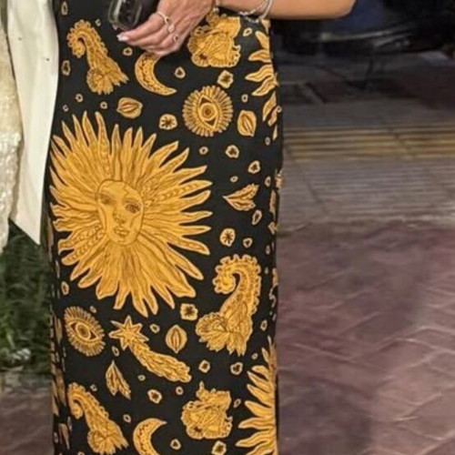Abstracto long satin dress black with sun pattern, size L, like new