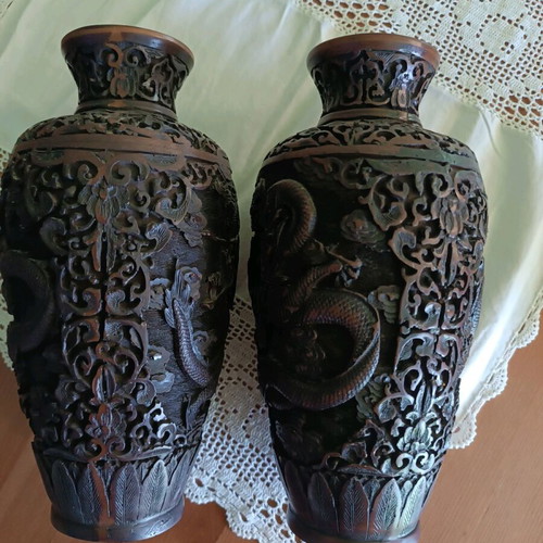 Wooden carved vases like new, solid ebony with dragons and flowers
