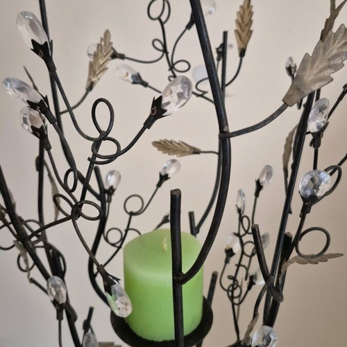 Metal floor candle holder used 1.3 m handmade with crystals