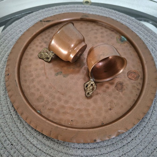 Copper hammered tray with glasses, used, 1960s