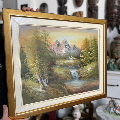 Signed Landscape Painting with Large Frame like new