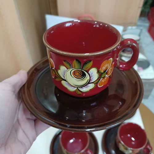 Hand-painted ceramic tea set with 6 cups, saucers, creamer and sugar bowl